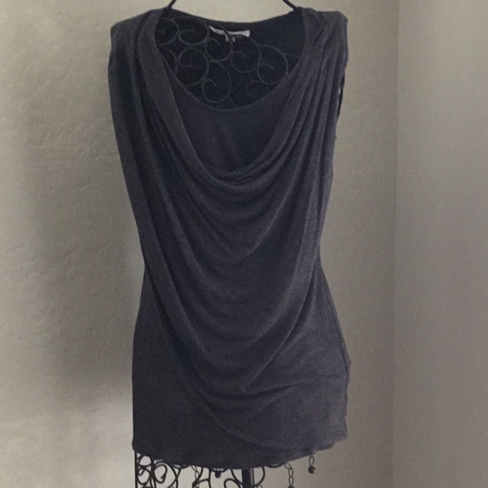 CAbi Scoop Neck Overlay Front Tee - Gray